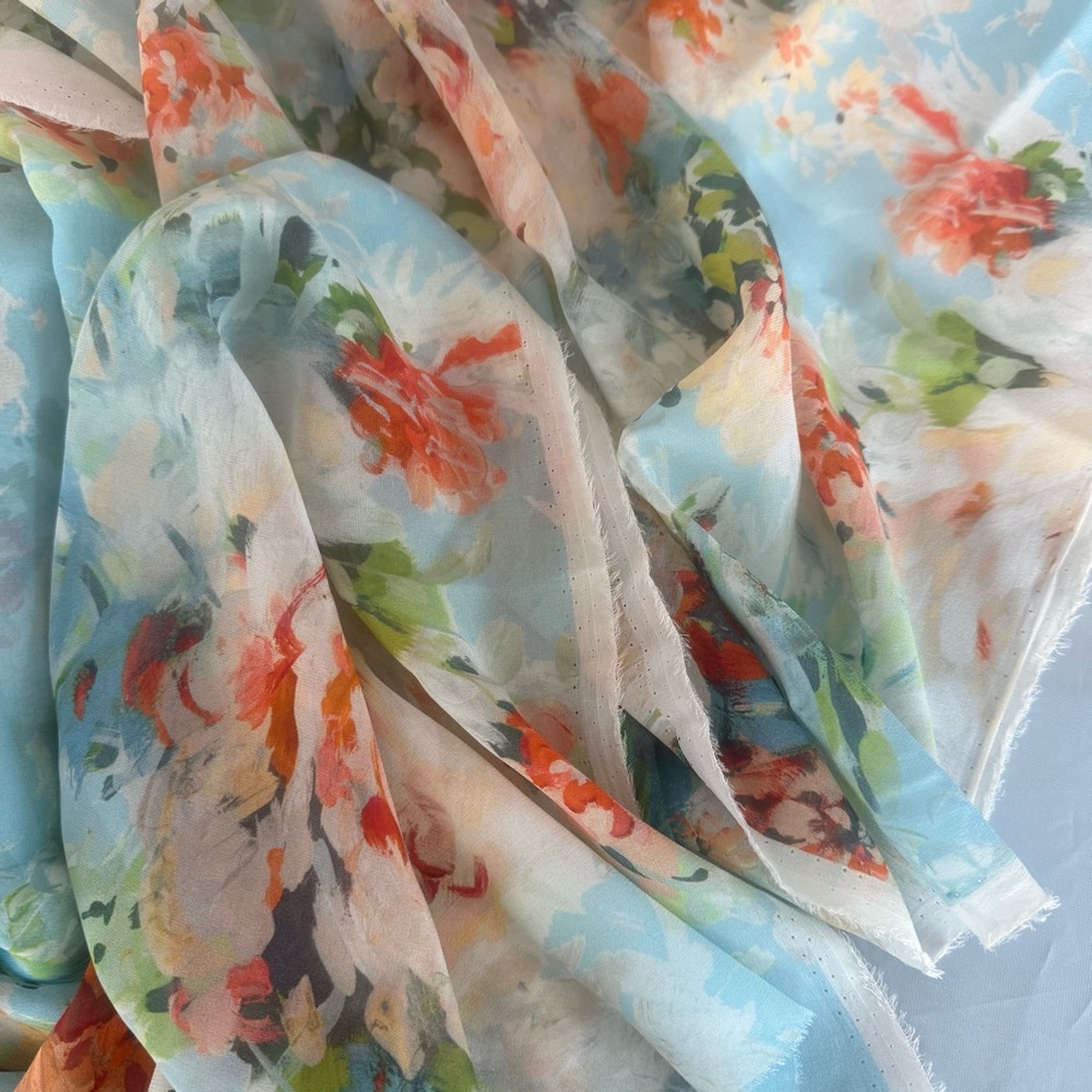 (100% Italian Silk) Floral Sheer Fabric for Scarf or Sewing Clothes